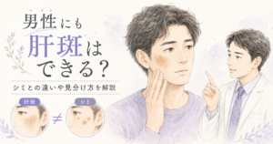 男性にも肝斑はできるかを解説する、医師と男性のイラスト入りの啓発バナー。操作案内の文言が左に大きく表示。