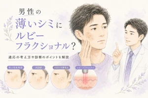 男性の顔のシミ治療を説明する医師と患者のイラスト。下部に治療前の肌の拡大円と解説円が並ぶ。
