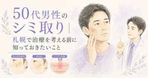Illustration advertising skin spot removal for men in their 50s, with a doctor consulting a patient and Japanese text about treatments in Sapporo (informational).